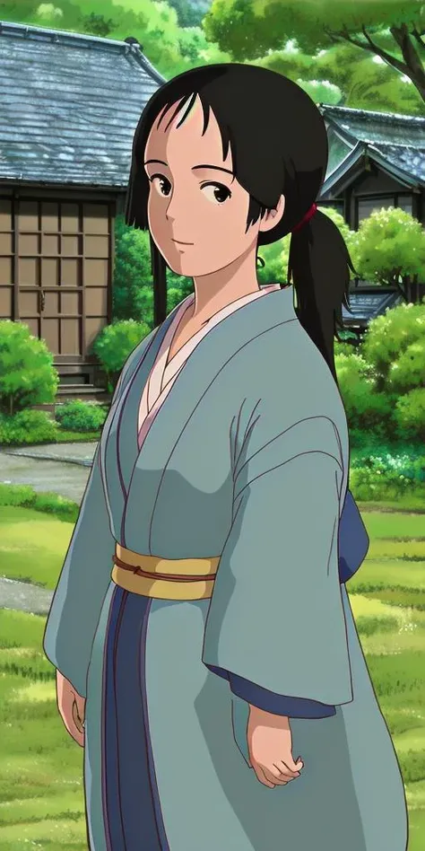 (best-lifelike-realistic) outdoors,  <lora:totoro001:.5>ghibli-style, Yasuko, 1woman, black-hair, long-hair, low-ponytail, black-eyes, kimono, haori,