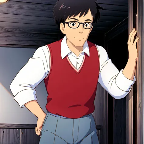 <lora:totoro001:0.6>,<lora:add_detail:0.8>,<lora:boldline:-0.3>,<lora:noline:0.3>,
Tatsuo,1man,
black hair,
short hair,
glasses,
collared shirt,sweater vest,
pants,