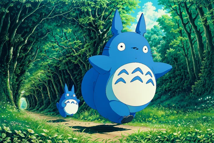 a cartoon image of a blue totoro and two small blue rabbits