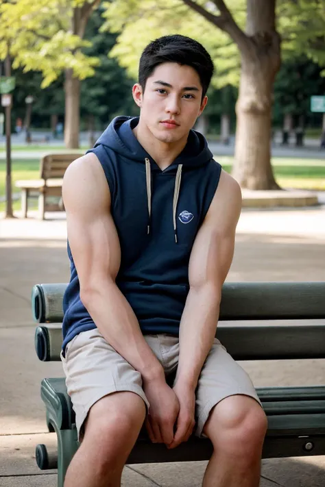 <lora:arthur_nory-04:0.75> photo of arthur_nory, wearing a (navy blue:0.5) sleeveless hoodie BREAK <lora:Tank Top Stringer Shirt SD15:0.8> and cargo shorts, relaxing on a park bench, arms resting on the bench, looking at the camera, natural lighting