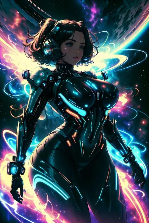 beautiful, masterpiece of a futuristic curvy woman wearing colorful antimattertech suit in space, nighttime, neon lights, galaxy, antimatter, <lora:AntimatterTech-20:1>,