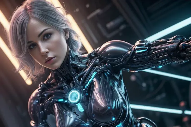 a woman in a futuristic suit holding a gun