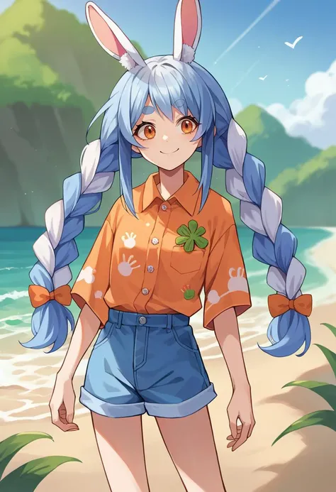 score_9, score_8_up, source_anime, 1girl, solo, UsadaPekora, orange eyes, thick eyebrows, rabbit ears, two-tone hair, blue hair, white hair, long hair, twin braids, hawaiian shirt, dress shirt, multicolored shirt, shorts, smile, outdoors, beach, <lora:Cham...