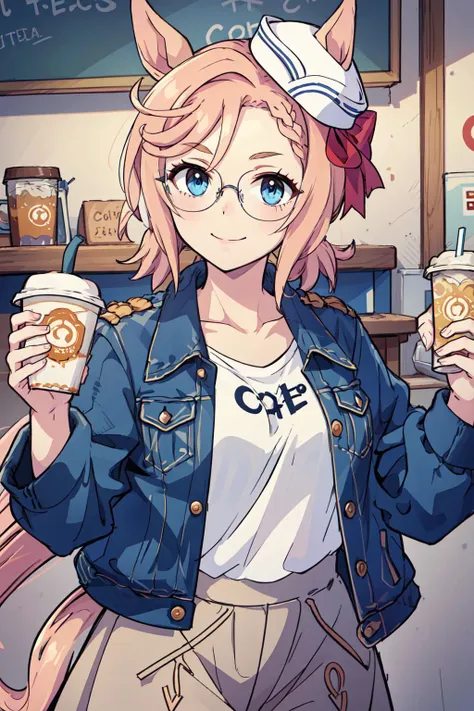 vnspkoff, 1girl, horse ears, animal ears, horse girl, horse tail, tail, holding, cup, blue eyes, jacket, holding cup, smile, blue jacket, looking at viewer, disposable cup, shirt, brown skirt, denim jacket, skirt, white shirt, blonde hair, pink hair, beret...