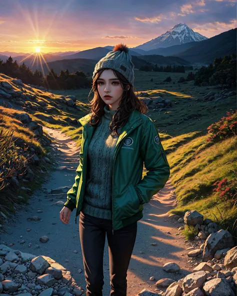 1girl, jacket, beanie, mountain, (gravel path), green meadow, outdoors, sunrays, ((sunset)), shimmering effect, masterpiece, high quality, extremely detailed, 8k wallpapper, (UHD), beautifully shot, highly detailed, beautiful and fine art, art photography