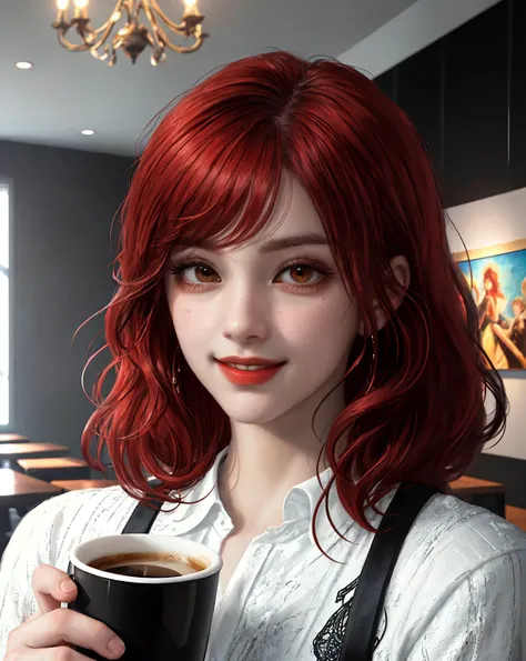 1girl, smile, holds a cup of coffee, red hair, (brown eyes), indoors, masterpiece, high quality, extremely detailed, 8k wallpapper, (UHD), beautifully shot, highly detailed, beautiful and fine art, art photography