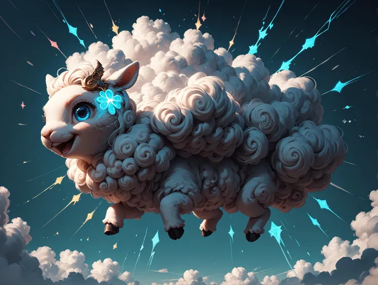 there is a sheep that is flying in the sky with clouds