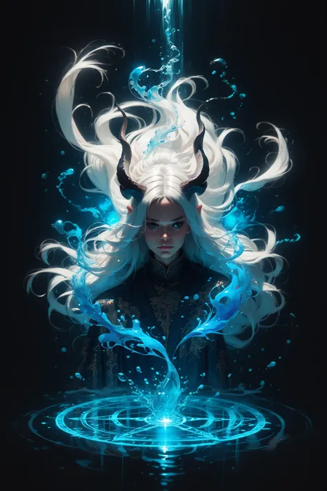 a woman with white hair and horns is surrounded by blue water