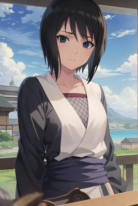 kunoichishizune, <lora:kunoichi shizune-lora-nochekaiser:1>,
shizune, short hair, black hair, (black eyes:1.3),
BREAK long sleeves, collarbone, japanese clothes, fishnets,
BREAK outdoors, forest, nature, trees, grass, sky, clouds, sun,
BREAK looking at vie...