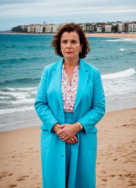 portrait of sks woman in Sydney, at Bondi Beach, by Flora Borsi, style by Flora Borsi, bold, bright colours, ((Flora Borsi)), by William Eggleston, <lora:locon_emilywatson_v1_from_v1_64_32:1>