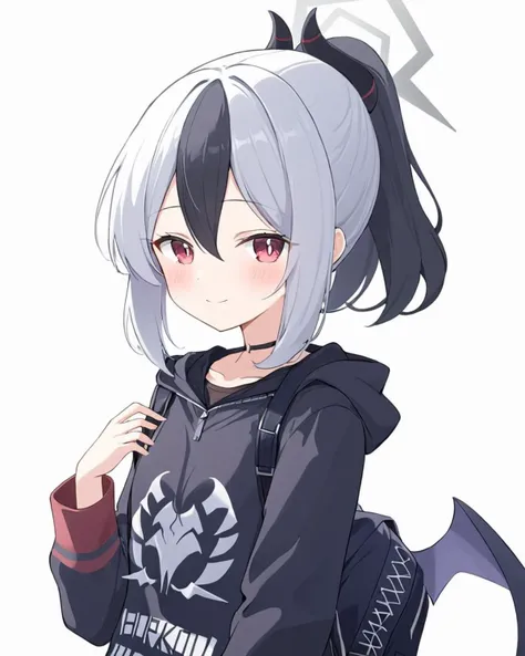 kayoko (blue archive),1girl, solo, horns, looking_at_viewer, ponytail, halo, smile, simple_background, mole_on_neck, white_background, black_hoodie, holding, blush, upper_body, closed_mouth, long_sleeves, heart, black_choker, v, collarbone, backpack, wings...