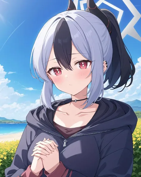 kayoko (blue archive),1girl, solo, horns, looking_at_viewer, ponytail, outdoors, upper_body, halo, long_sleeves, black_choker, blush, own_hands_together, hoodie, ear_piercing, day, jacket, parted_lips, blue_sky, collarbone, bright_pupils, shirt
<lora:kayok...