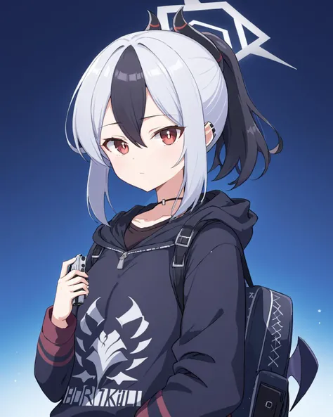 kayoko (blue archive),1girl, solo, horns, ponytail, black_hoodie, looking_at_viewer, earclip, backpack, mole_on_neck, halo, handgun, choker, wings, closed_mouth, sidelocks, ear_piercing, long_sleeves, upper_body, hood_down
<lora:kayoko_(blue_archive)_image...