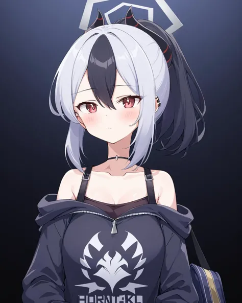 kayoko (blue archive),1girl, solo, halo, ponytail, black_choker, looking_at_viewer, closed_mouth, blush, long_sleeves, off_shoulder, zipper, earclip, black_hoodie, ear_piercing, bag, bare_shoulders, demon_horns, sidelocks, zipper_pull_tab, collarbone
<lora...