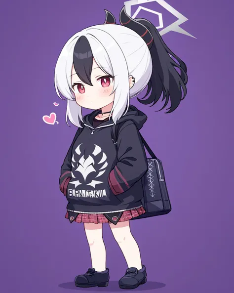 kayoko (blue archive),1girl, black_hoodie, solo, ponytail, horns, red_skirt, halo, chibi, hand_in_pocket, hood_down, low_wings, single_wing, long_sleeves, blush, black_footwear, heart, closed_mouth, full_body, choker, bag, purple_background, pleated_skirt,...