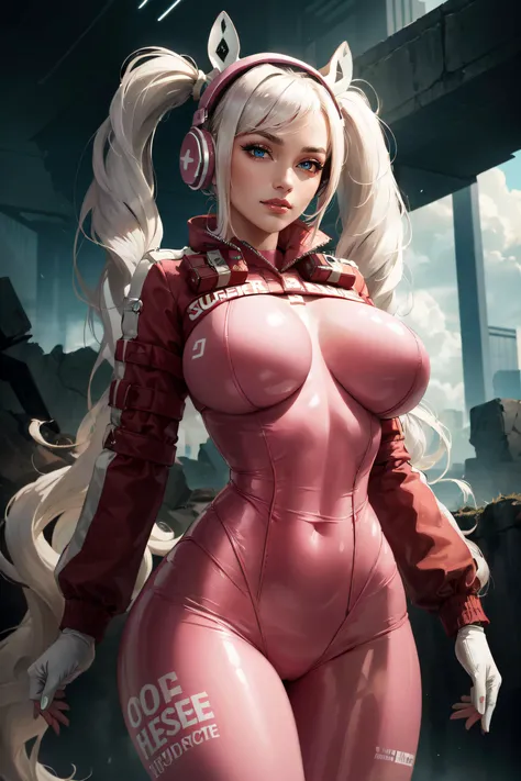 (masterpiece, best quality, ultra detailed, absurdres)1.5, 1girl, (sexy, beautiful woman, perfect face, perfect eyes, perfect female body, huge breasts)1.5, (alicedef, bodysuit, shrug (clothing), headphones, gloves, very long hair, white hair, twintails, <...