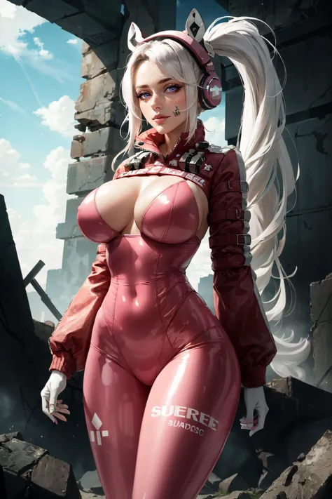 (masterpiece, best quality, ultra detailed, absurdres)1.5, 1girl, (sexy, beautiful woman, perfect face, perfect eyes, perfect female body, huge breasts)1.5, (alicedef, bodysuit, shrug (clothing), headphones, gloves, very long hair, white hair, twintails, <...