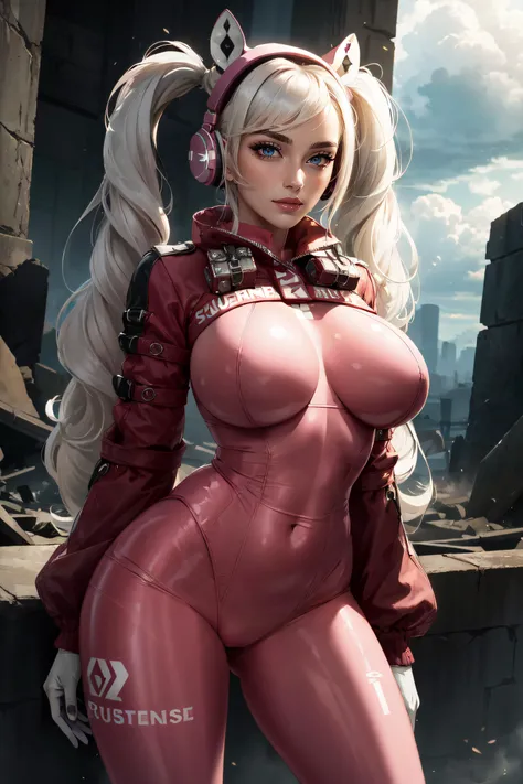 (masterpiece, best quality, ultra detailed, absurdres)1.5, 1girl, (sexy, beautiful woman, perfect face, perfect eyes, perfect female body, huge breasts)1.5, (alicedef, bodysuit, shrug (clothing), headphones, gloves, very long hair, white hair, twintails, <...