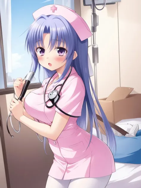 <lora:Yukino:0.8>, Yukino, nurse, 1girl, pantyhose, solo, hat, purple eyes, nurse cap, white pantyhose, blue hair, stethoscope, breasts, purple hair, oversized object, blush. hospital, room, 
masterpiece, high quality, very_high_resolution, large_filesize,...