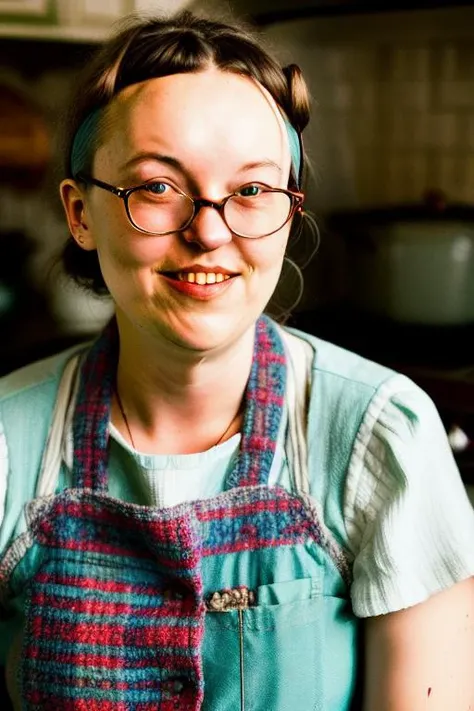 (bellaramsey) as an old woman, low light, close-up, kitchen in background, highly detailed, cooking, stylized