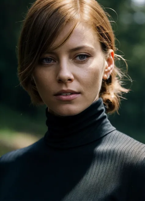 a close up of a woman with a black turtle neck top