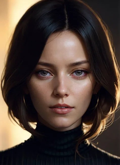 A stunning intricate full color portrait of (sks woman:1), wearing a black turtleneck, epic character composition, by ilya kuvshinov, alessio albi, nina masic, sharp focus, natural lighting, subsurface scattering, f2, 35mm, film grain, <lora:locon_elizabet...