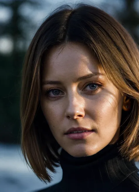 a close up of a woman with a black turtle neck sweater