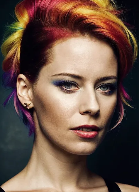 a close up of a woman with a colorful hair and makeup