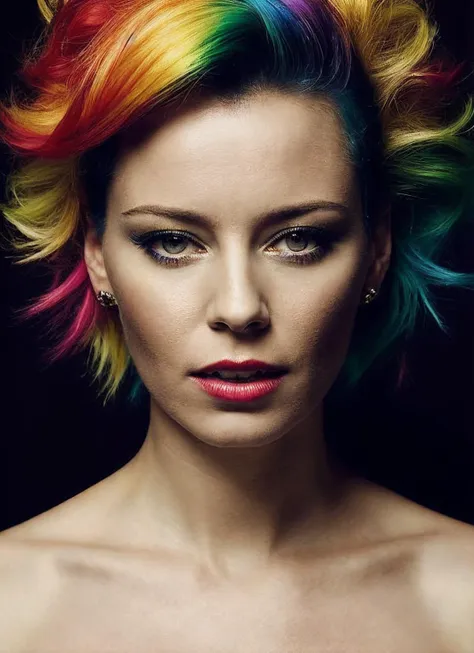 a close up of a woman with a colorful hair and piercings