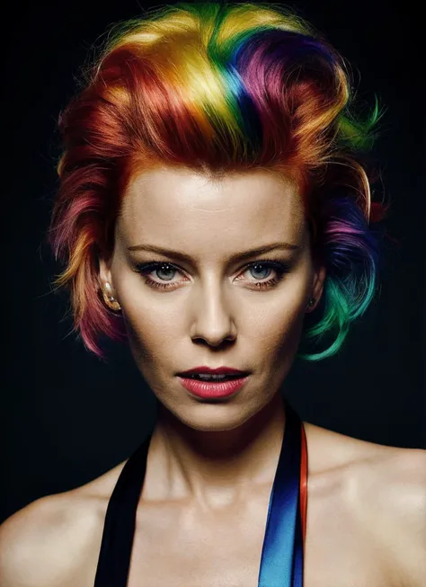 a close up of a woman with a colorful hair and a black top