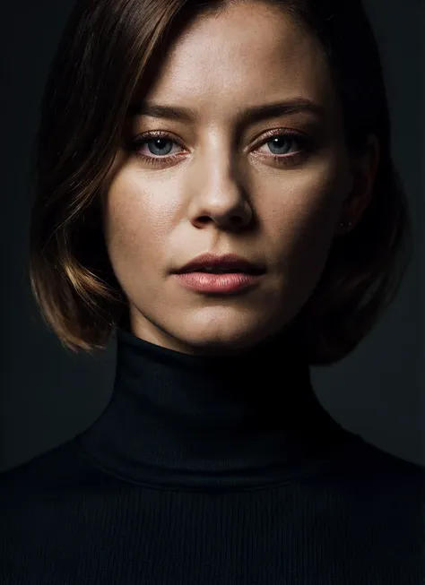 a woman with a black turtle neck top and a black background