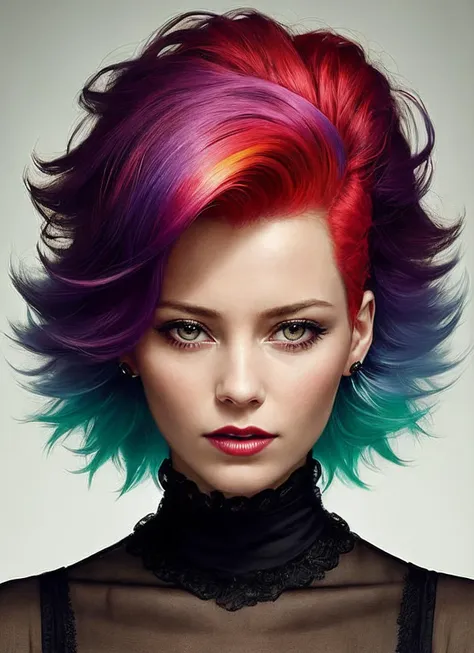 a woman with colorful hair and a black top