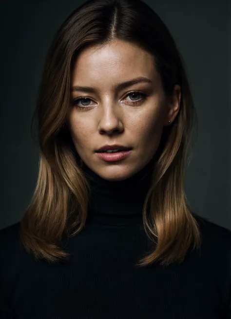 a woman with long hair and a black turtle neck top