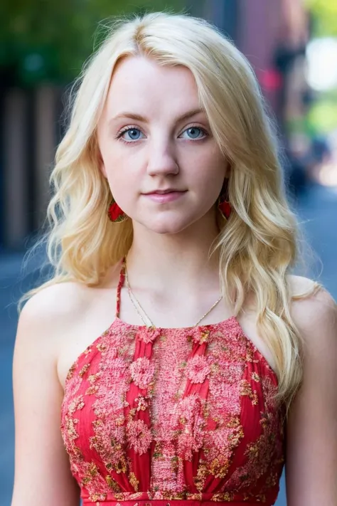 a close up of a woman in a red dress posing for a picture