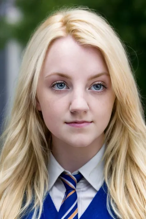 a close up of a young woman with long blonde hair wearing a blue vest and tie