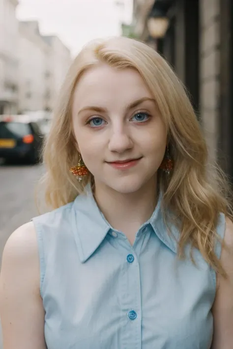 a woman with blonde hair and blue shirt standing on a street