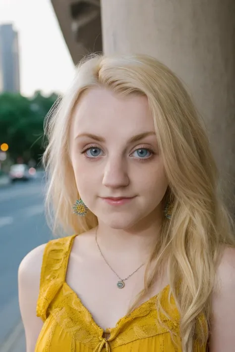 blonde woman with blue eyes and a yellow dress standing on a sidewalk