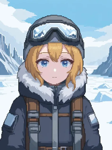 <lora:pixel style-000007:0.7>,pixel style,Imagine a resilient and beautiful woman leading an Arctic expedition. Shes bundled in fur-lined expedition gear, her eyes bright against the stark white landscape, undeterred by the challenging environment.