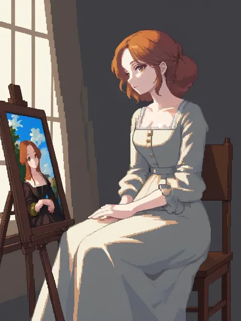 <lora:pixel style-000007:0.7>,pixel style,Envision a stunning woman posing for a renowned painter during the Renaissance. She sits elegantly in a sunlit studio, her expression serene and thoughtful, as the painter captures her beauty on canvas.