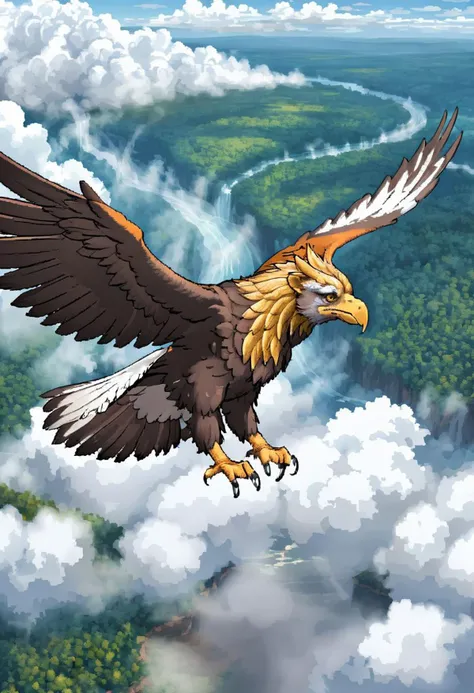 back view of a  majestic 4 legged griffin. flying high in the clouds. birds eye view looking down at the griffin. under the griffin far away you see the land which is a massive river flowing between a rather large rainforest. birds are flying closer to the...