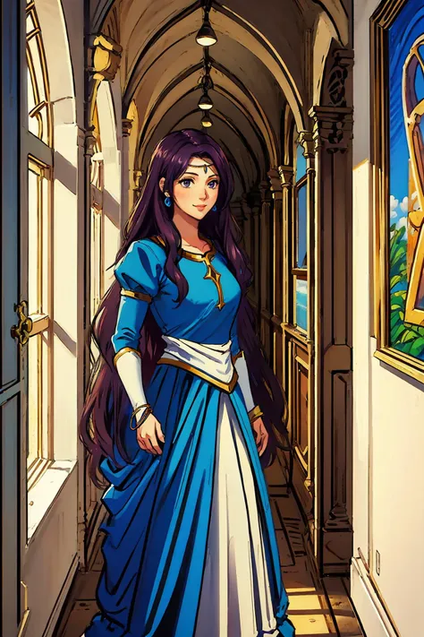 a cartoon picture of a woman in a blue dress standing in a hallway