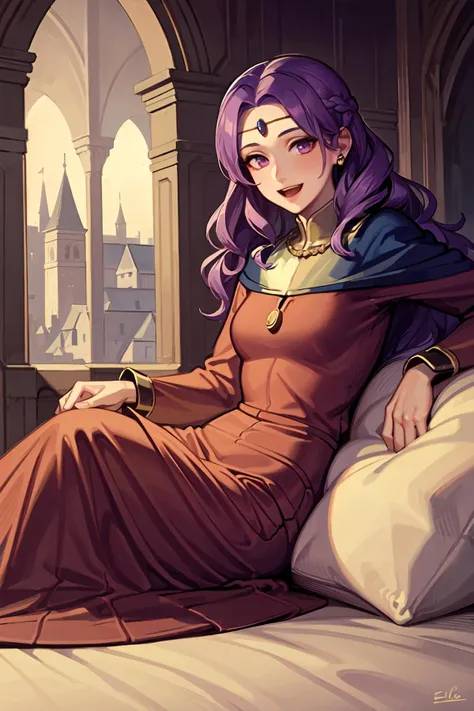 (masterpiece,best quality),1girl,eleanorafe,sitting,in bedroom,in medieval palace,laughing,long hair,facing viewer,purple hair,purple eyes,dress,jewelry,circlet, <lora:last:0.55>