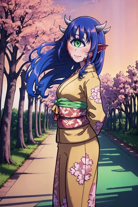 1girl, solo, cowboy shot, blue hair, scales on neck, pointy ears, cyclops, green eyes, horns, kimono, light smile, arms behind back, (sakura trees, sakura leeves), standing on a bridge, pink sky, sunshine, reflections, cinematic lighting, sun rays
<lora:ca...