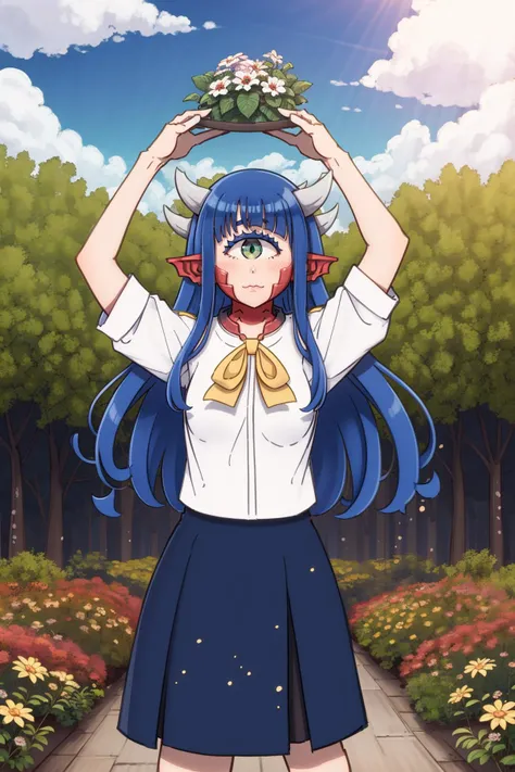 1girl, solo, blue hair, (scales on neck:1.1), pointy ears, cyclops, green eyes, horns, cowboy shot, :3, school uniform, spread arms, garden, outdoors, sunrays, cloud, sky, outdoors, cloudy sky, leaf, sunbeam
<lora:cacochan_v1-000011:1> <lora:kame_rebake_mo...