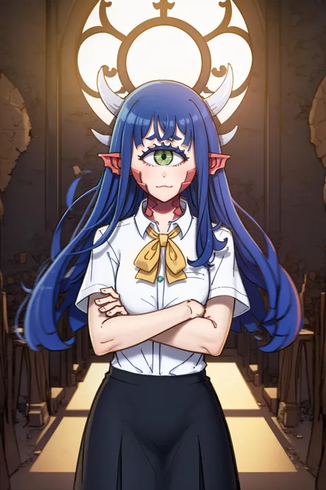 1girl, solo, blue hair, (scales on neck:1.1), pointy ears, cyclops, green eyes, horns, cowboy shot, :3, school uniform, crossed arms, girl explores ruins of church, broken stained glass, deserted spaces, detailed background
<lora:cacochan_v1-000011:1> <lor...