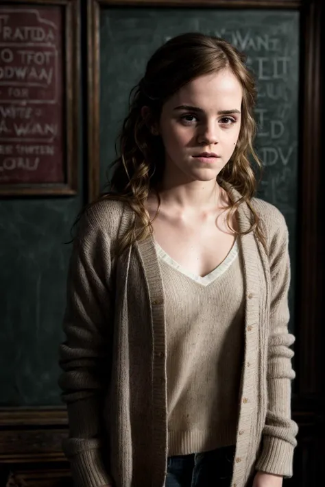 RAW photo, a portrait photo of (dld_hergra:0.9), (hermione granger:0.7), Emma Watson, standing in Charms Classroom , natural skin, 8k uhd, high quality, film grain, Fujifilm XT3