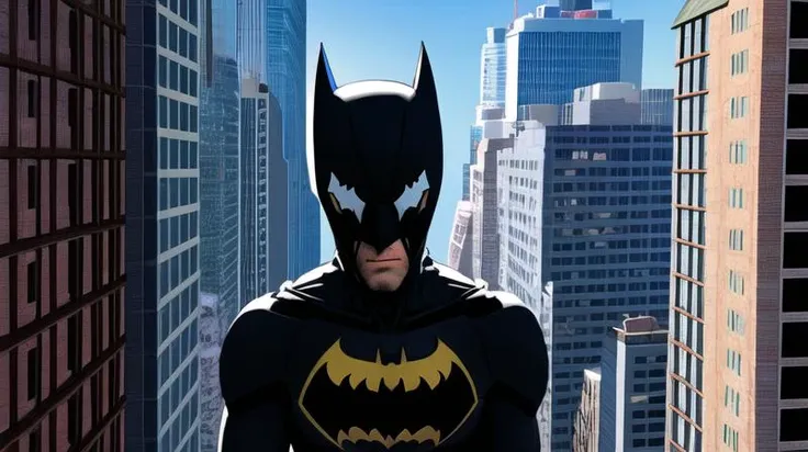 ((Batman)), white eyes, superhero, upper body, standing on ledge, <lora:spiderverse_style_offset:0.7>, spiderverse style