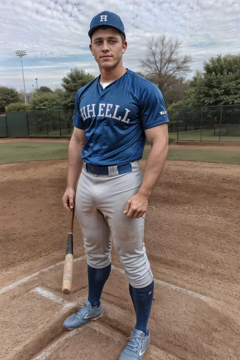 outdoors, ((baseball field)), batting, sc_joshua, (baseballplayer), blue (baseball uniform), blue jersey, (gray pants), blue baseball cap, ((holding baseball bat)), masterpiece, (((full body portrait))), ((full body)), wide angle, (looking at viewer), long...