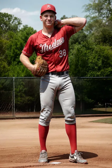 baseball field, on pitching mound, ((cf_josh)), ((ginger hair)), slight smile, baseballplayer, red (baseball uniform), wearing baseball cap, gray pants, (((wearing baseball mitt))), throwing baseball, pitching, masterpiece, (((full body portrait))), ((full...