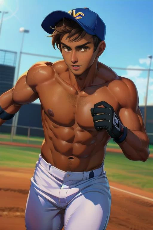 baseballplayer, Disney, animation, expressive eyes, perfect face,
1man, dark brown skin, handsome, (dark brown hair:1.4), short hair, crotch bulge, baseball uniform, baseball cap, jockstrap/white pants, gloves/baseball mitts
baseball field, detailed backgr...